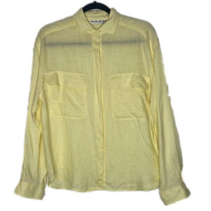 VINTAGE Anne Klein II Linen Button Up Shirt Butter Yellow Blouse Top Size M
